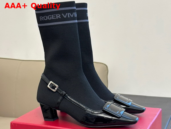 Roger Vivier Belle Vivier Sock Lacquered Buckle Ankle Boots in Black Patent Leather Replica