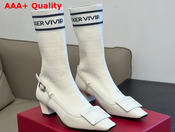 Roger Vivier Belle Vivier Sock Lacquered Buckle Ankle Boots in White Patent Leather Replica