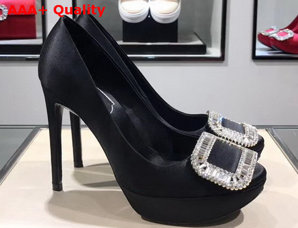 Roger Vivier Flower Strass Buckle Platform Pumps in Silk Satin Black Replica