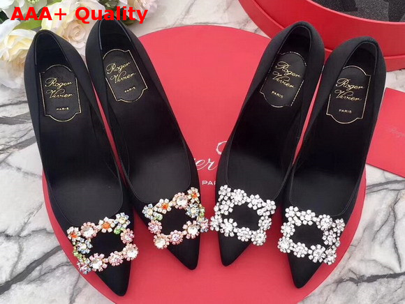 Roger Vivier Flower Strass Buckle Pumps in Black Silk Satin with Floral Crystal Embellished Jewel Buckle Replica