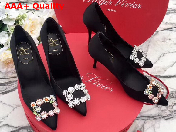 Roger Vivier Flower Strass Buckle Pumps in Black Silk Satin with Floral Crystal Embellished Jewel Buckle Replica