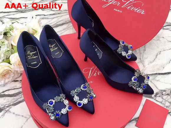 Roger Vivier Flower Strass Buckle Pumps in Blue Silk Satin with Floral Crystal Embellished Jewel Buckle Replica