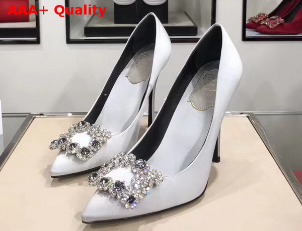 Roger Vivier Flower Strass Buckle Pumps in White Silk Satin Replica
