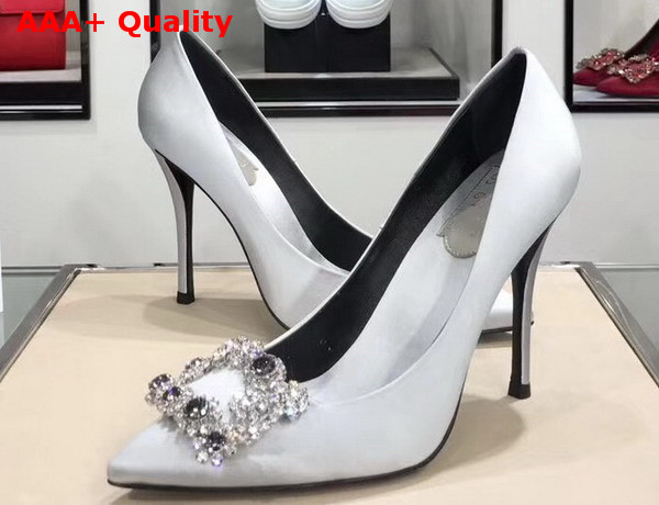 Roger Vivier Flower Strass Buckle Pumps in White Silk Satin Replica