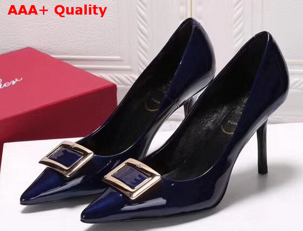 Roger Vivier Metal Buckle Pumps in Blue Patent Leather Replica