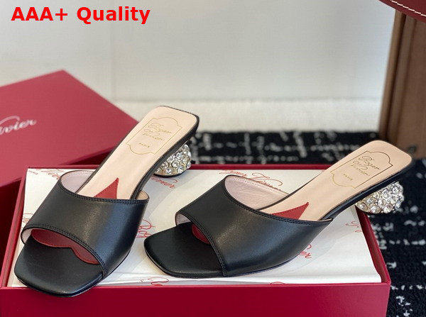 Roger Vivier Mules in Black Leather with Crystal Heel Replica