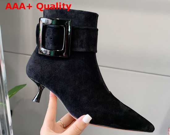 Roger Vivier Pointy Covered Buckle Ankle Boots in Suede Black Replica