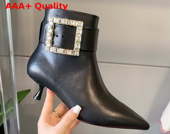 Roger Vivier Pointy Strass Buckle Booties in Black Leather Replica