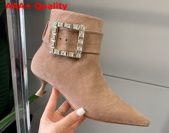 Roger Vivier Pointy Strass Buckle Booties in Brown Suede Leather Replica