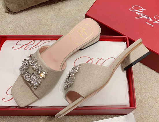 Roger Vivier RV Bouquet Strass Buckle Mules in Fabric Beige Replica