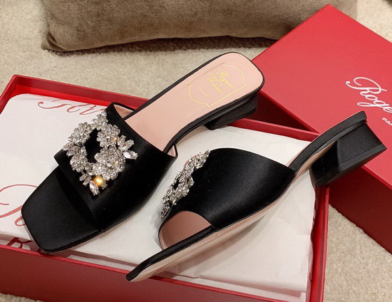 Roger Vivier RV Bouquet Strass Buckle Mules in Satin Black Replica