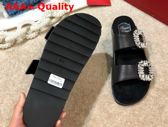 Roger Vivier Slidy Viv Strass Buckle Mules in Black Leather Replica