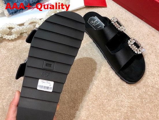 Roger Vivier Slidy Viv Strass Buckle Mules in Black Silk Satin Replica