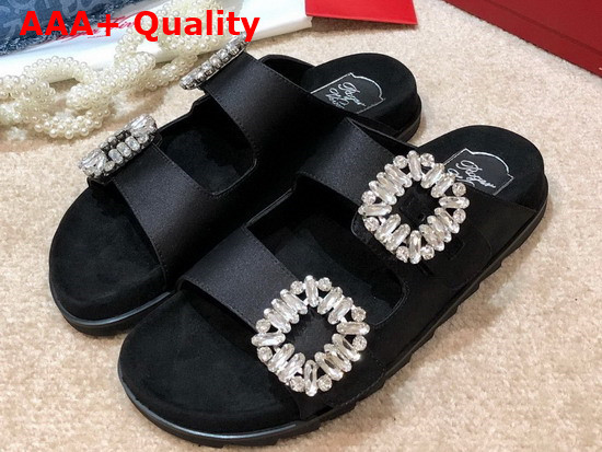Roger Vivier Slidy Viv Strass Buckle Mules in Black Silk Satin Replica