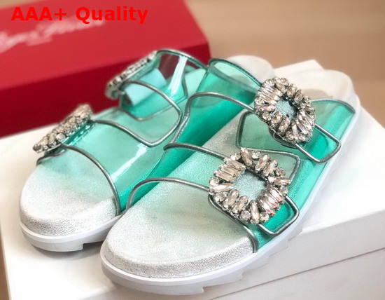 Roger Vivier Slidy Viv Strass Buckle Mules in PVC Green Replica