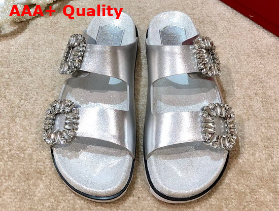 Roger Vivier Slidy Viv Strass Buckle Mules in Silver Leather Replica