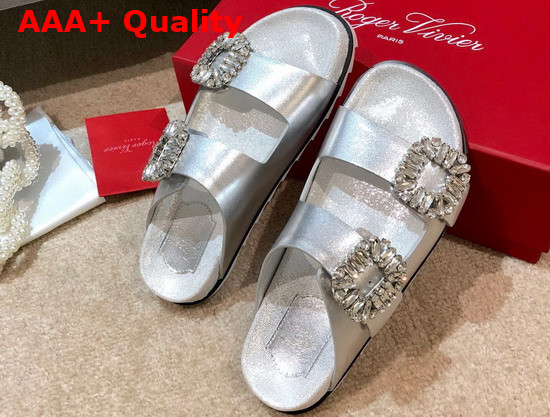Roger Vivier Slidy Viv Strass Buckle Mules in Silver Leather Replica
