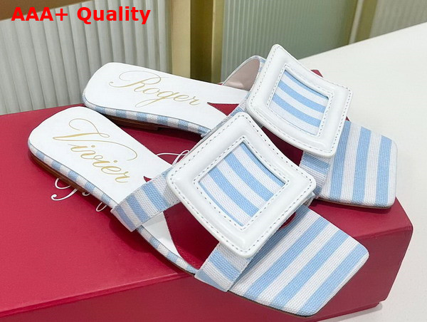 Roger Vivier Stitching Buckle Mules in Fabric White and Light Blue Replica