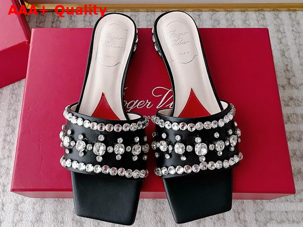 Roger Vivier Strass Heel Disco Slides in Black Nappa Leather Replica