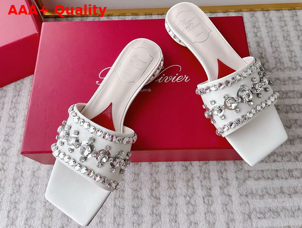 Roger Vivier Strass Heel Disco Slides in Off White Nappa Leather Replica