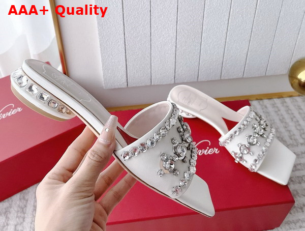 Roger Vivier Strass Heel Disco Slides in Off White Nappa Leather Replica
