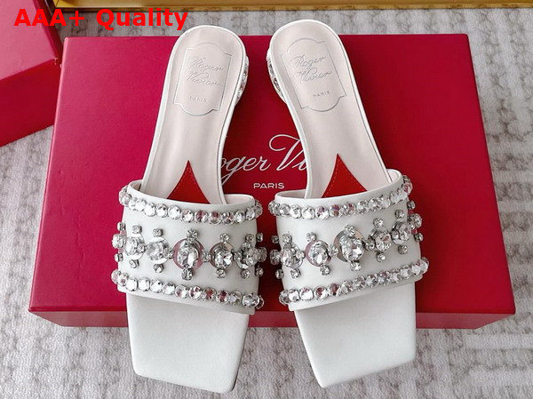 Roger Vivier Strass Heel Disco Slides in Off White Nappa Leather Replica
