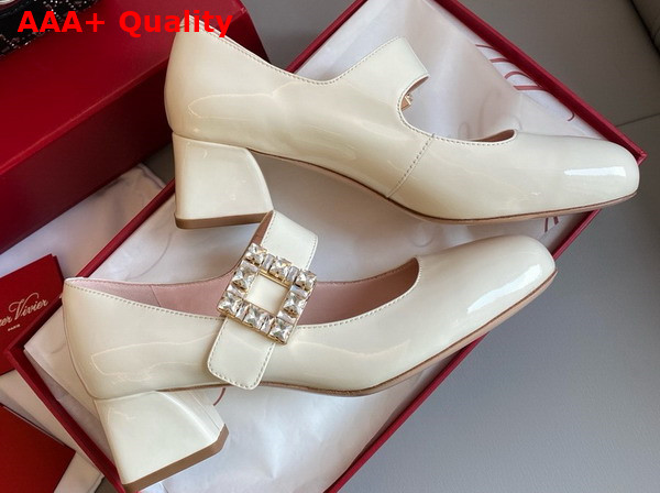Roger Vivier Tres Vivier Rhinestone Buckle Babies Pumps in Off White Patent Leather Replica