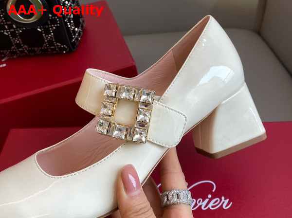 Roger Vivier Tres Vivier Rhinestone Buckle Babies Pumps in Off White Patent Leather Replica
