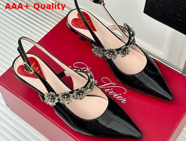 Roger Vivier Virgule Flower Slingback Pumps in Black Patent Leather Replica