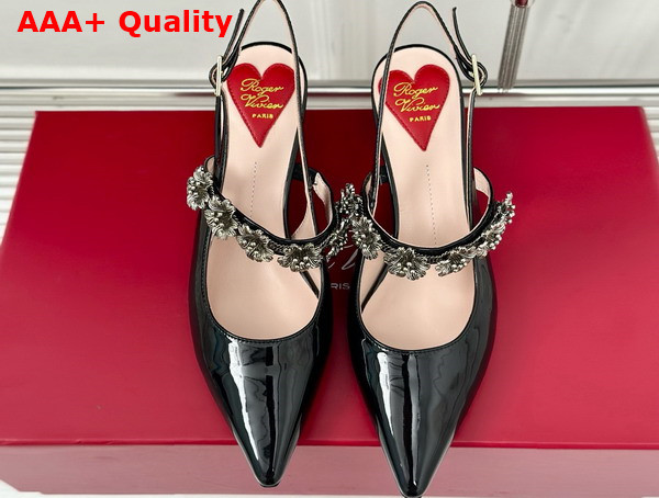 Roger Vivier Virgule Flower Slingback Pumps in Black Patent Leather Replica
