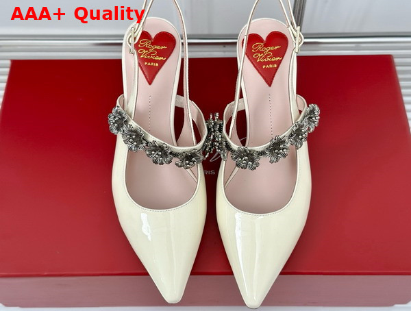 Roger Vivier Virgule Flower Slingback Pumps in Off White Patent Leather Replica