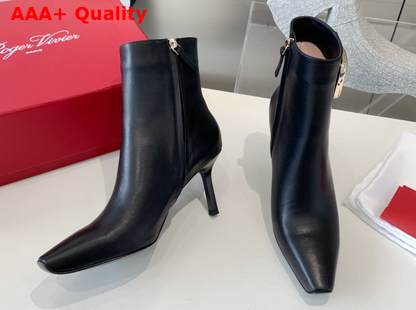 Roger Vivier Viv Choc Metal Buckle Booties in Black Leather Replica