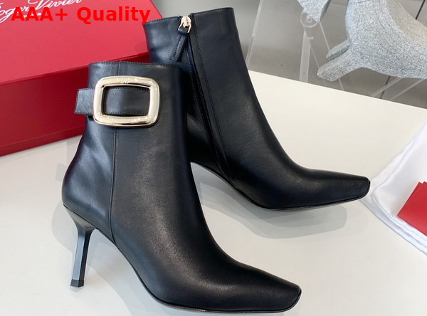 Roger Vivier Viv Choc Metal Buckle Booties in Black Leather Replica