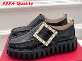 Roger Vivier Viv Go Thick Strass Buckle Loafers in Black Crocodile Embossed Calfskin Replica