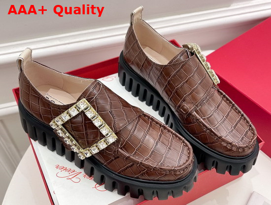 Roger Vivier Viv Go Thick Strass Buckle Loafers in Brown Crocodile Embossed Calfskin Replica
