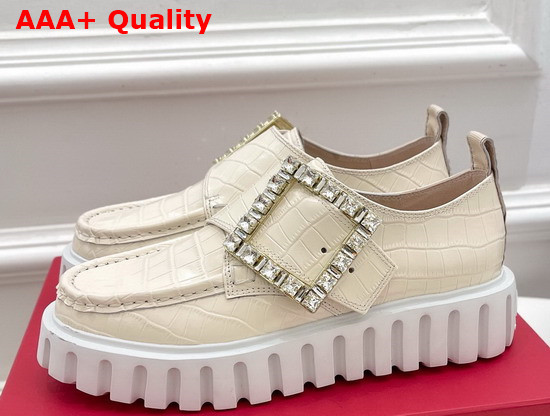 Roger Vivier Viv Go Thick Strass Buckle Loafers in White Crocodile Embossed Calfskin Replica
