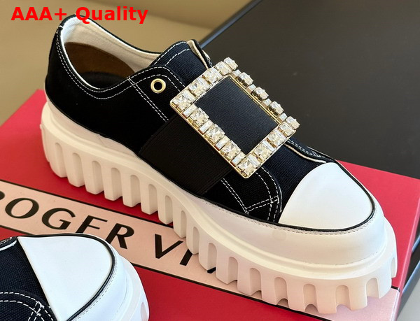 Roger Vivier Viv Go Thick Strass Buckle Slip on Sneakers in Denim Black and White Replica