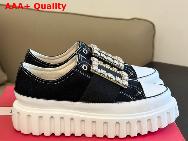 Roger Vivier Viv Go Thick Strass Buckle Slip on Sneakers in Denim Black and White Replica