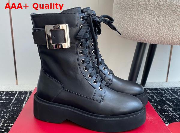 Roger Vivier Viv Ranger Combat Boots in Black Leather with Metal Buckle Replica