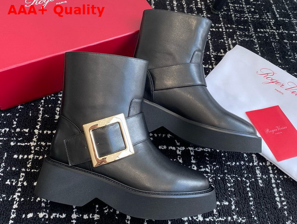 Roger Vivier Viv Rangers Biker Booties in Black Leather with Metal Buckle Replica