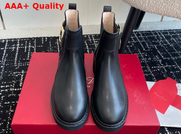 Roger Vivier Viv Rangers Chelsea Booties in Black Leather with Crystal Buckle Replica
