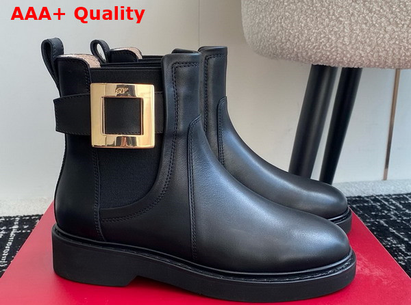 Roger Vivier Viv Rangers Chelsea Booties in Black Leather with Crystal Buckle Replica