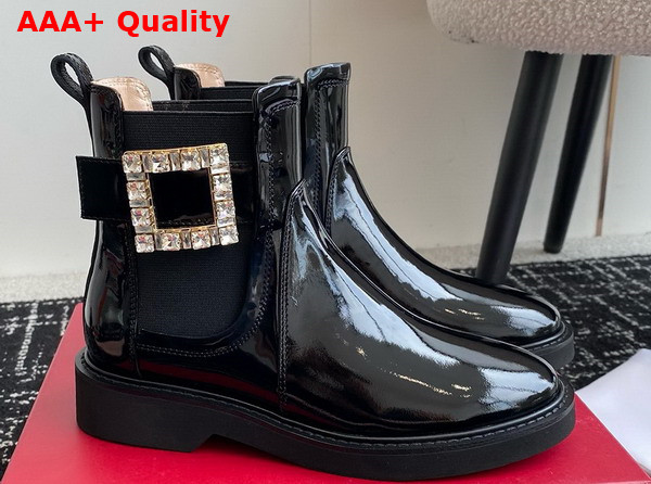 Roger Vivier Viv Rangers Chelsea Booties in Black Patent Leather with Crystal Buckle Replica