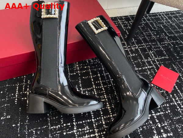 Roger Vivier Viv Rangers Metal Buckle Chelsea Boots in Black Patent Leather Replica