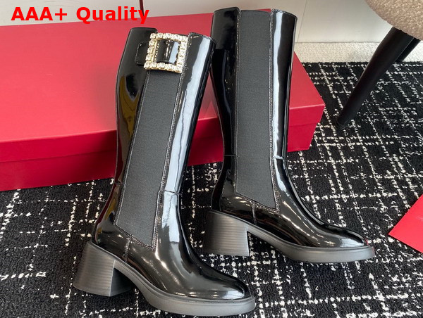 Roger Vivier Viv Rangers Metal Buckle Chelsea Boots in Black Patent Leather Replica