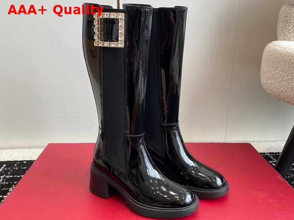 Roger Vivier Viv Rangers Metal Buckle Chelsea Boots in Black Patent Leather Replica