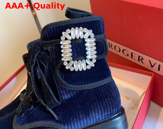Roger Vivier Viv Rangers Strass Buckle Ankle Boots in Blue Corduroy Replica