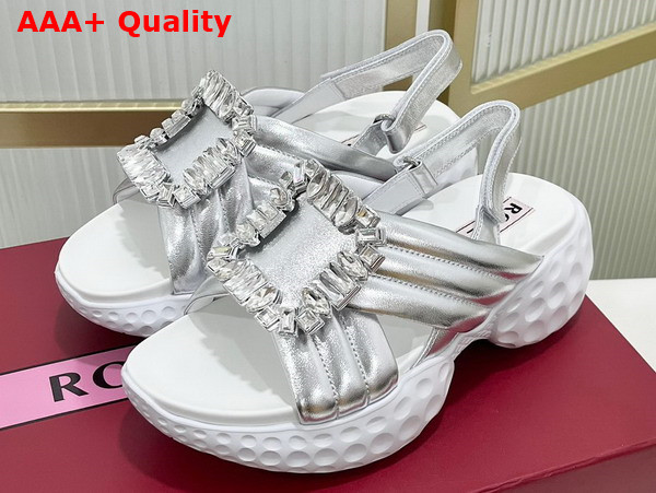 Roger Vivier Viv Run Light Strass Buckle Sandals in Silver Calf Leather Replica