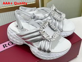 Roger Vivier Viv Run Light Strass Buckle Sandals in Silver Calf Leather Replica