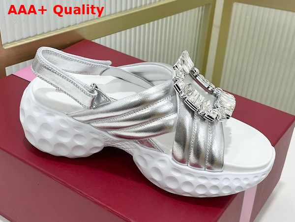 Roger Vivier Viv Run Light Strass Buckle Sandals in Silver Calf Leather Replica